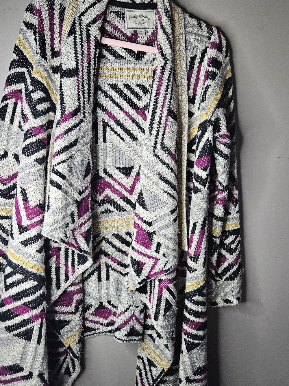 Lucky Brand Open Front Geometric Cardigan Sweater - White, Black, Pink, Yellow